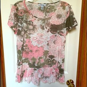 Pastel top with ruffled hem and sparkles.